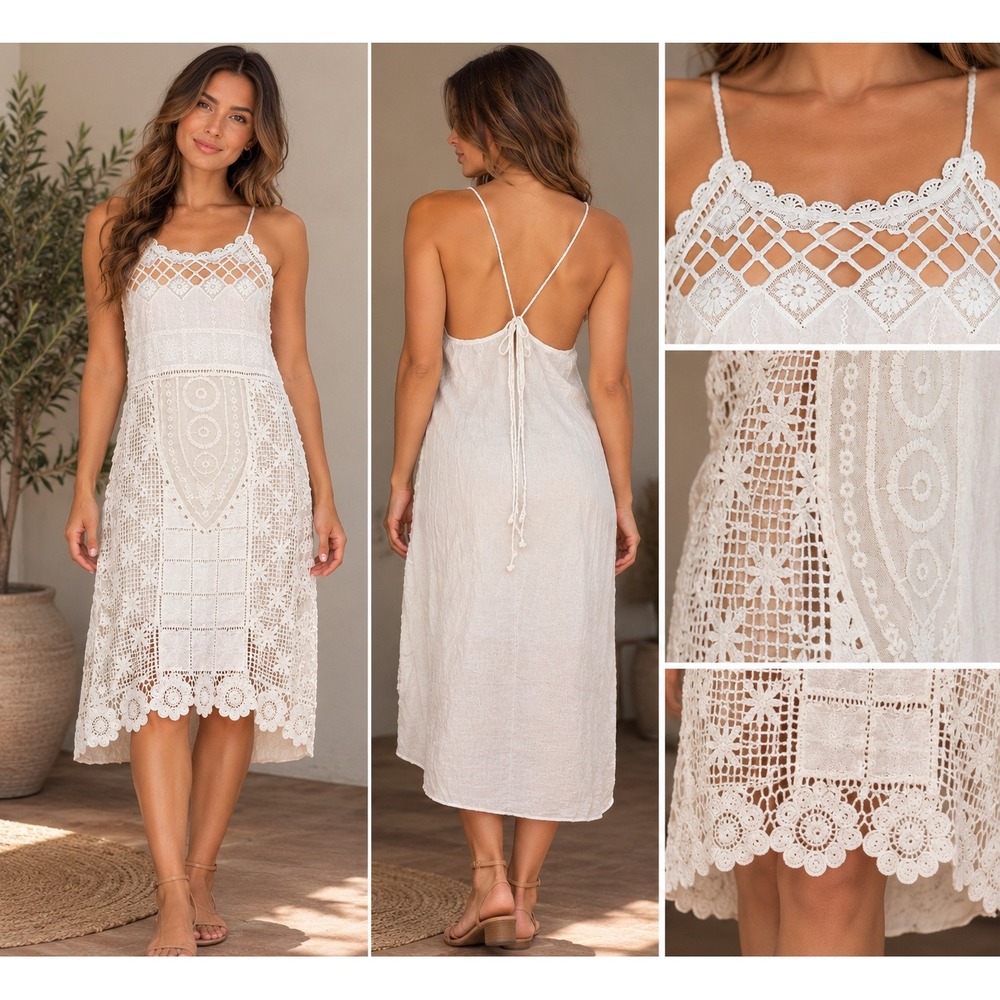 Miss Kelly 1999 White Crochet Lace Midi Dress Small Boho Festival Romantic